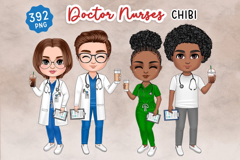 May include: Four cartoon illustrations of doctors and nurses in chibi style. The characters are wearing scrubs and white coats, holding coffee cups and clipboards. The text "Doctor Nurses CHIBI" is at the top of the image.