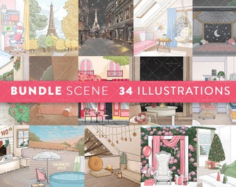 Bundle Fashion Clipart, Digital Sticker, Scene Illustration, Paris Scene, Planner Office, Summer, Christmas, Cozy Room, Valentines,