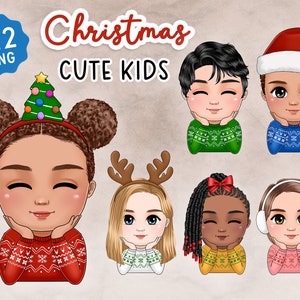 Clipart de niños chibi de vacaciones, camiseta de niño, clipart para niños, sublimación linda, mejores amigas de hijas, regalo personalizado, suéter de invierno, acogedor