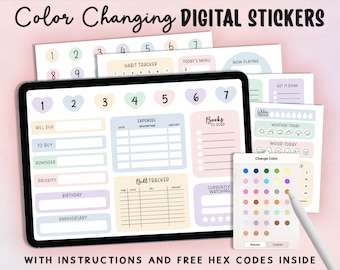 Color Changing Digital Stickers, Calendar Numbers, GoodNotes Stickers,  Planner Stickers, Journaling Sticky Notes, Soft Pastel, Ipad Planner