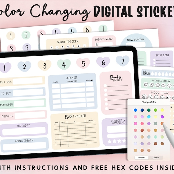 Color Changing Digital Stickers, Calendar Numbers, GoodNotes Stickers,  Planner Stickers, Journaling Sticky Notes, Soft Pastel, Ipad Planner