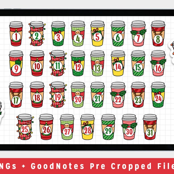 Christmas Advent Coffee Stickers | Goodnotes Stickers | Digital Planning Stickers | Bullet Journal Planner Stickers | Scrapbook Holiday