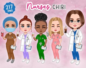 Cute Medical Chibi Nurse Clipart PNG, Sublimation Design (Digital Download)