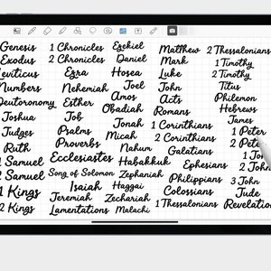 May include: A handwritten list of the books of the Bible on a white grid background. The list is organized by Old Testament and New Testament.