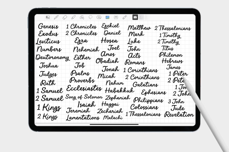 May include: A handwritten list of the books of the Bible on a white grid background. The list is organized by Old Testament and New Testament.