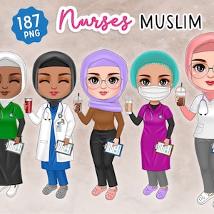 Clipart infermiera musulmana Chibi, illustrazione bambola medica, PNG sanitario carino, regalo personalizzato per amica infermiera, dottore hijab, sublimazione,