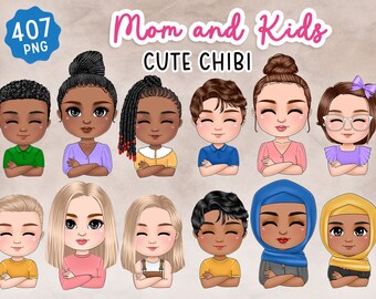 Cute Chibi Mom and Kids Clipart Bundle (PNG)