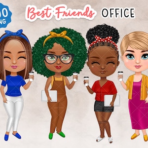 Mejores amigos Chibi bebiendo cóctel Clipart, Besties, personalizable, linda chica de moda, chica con curvas, hermanas del alma, sentado