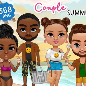 Chibi Summer Clipart, Casal Boneca PNG, Sublimação de Viagem, Presente Personalizado para Namorada Namorada, Viagem de Férias, Design de Camisa,