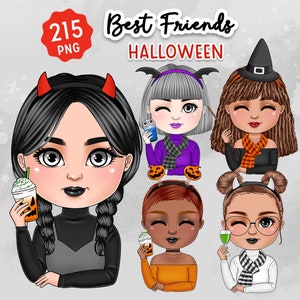 Halloween Best Friend Chibi Clipart, Bauen Sie Ihren eigenen Charakter, Hexe Schwester, Pumpkin Spice, Herbst, anpassbares Puppen Bundle, niedlicher Vampir,