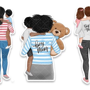May include: Three illustrations of mothers carrying their children on their backs. The first illustration shows a mother with a pink and white striped shirt carrying a girl in a pink dress. The second illustration shows a mother with a blue and white striped shirt carrying a boy in a blue and white striped shirt. The third illustration shows a mother with a gray shirt carrying two girls in pink dresses. The text on the shirts reads "Boy Mom" and "Girl Mom".