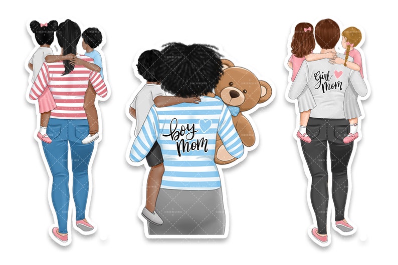 May include: Three illustrations of mothers carrying their children on their backs. The first illustration shows a mother with a pink and white striped shirt carrying a girl in a pink dress. The second illustration shows a mother with a blue and white striped shirt carrying a boy in a blue and white striped shirt. The third illustration shows a mother with a gray shirt carrying two girls in pink dresses. The text on the shirts reads "Boy Mom" and "Girl Mom".