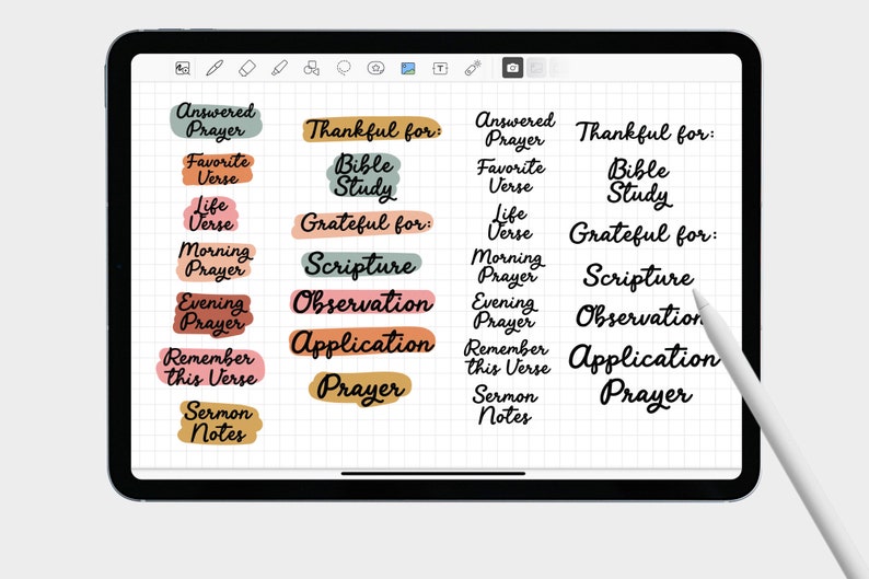 May include: A digital planner with colorful stickers for journaling about prayer, scripture, and bible study. The stickers have text such as "Answered Prayer", "Favorite Verse", "Life Verse", "Morning Prayer", "Evening Prayer", "Remember this Verse", "Sermon Notes", "Thankful for: Bible Study", "Grateful for: Scripture", "Observation", "Application", and "Prayer".