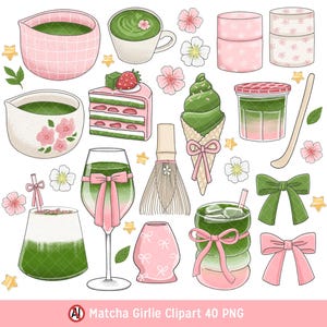 Può includere: Una collezione di illustrazioni a tema matcha. Include una ciotola, una tazza e vari dessert come torta e gelato. Decorato con fiocchi rosa, fiori e stelle. Il testo "Matcha Girlie Clipart 40 PNG" è in basso.