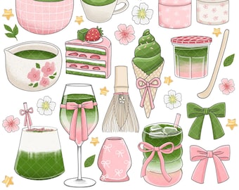 Matcha Girly Clipart, Pink Illustration (40 PNGs), Green Tea Lover, Art, Digital Download
