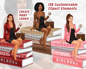 Customizable Fashion Girl Clipart Sitting on Books, Business Woman, Office Girl,