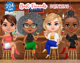 Best Friends Chibi Clipart, Drinking Cocktails, Fashion Girls (Digital Download)