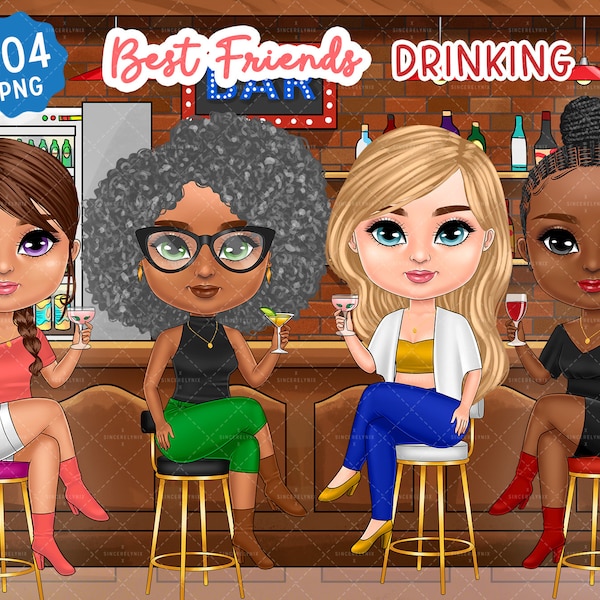 Best Friends Chibi Drinking Cocktail Clipart ,Besties, Customizable, Cute Fashion Girl, Curvy girl, Soul Sisters, Sitting