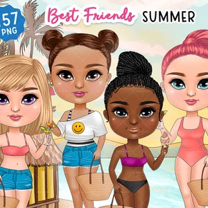 Imágenes Prediseñadas de Chibi de mejores amigos, verano, personalizable, linda chica de moda, chica con curvas, hermanas del alma, playa,