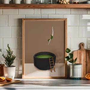 Arte digital imprimible de Diver Matcha, amante del café con leche, mañanas ceremoniales de matcha, arte mural, té verde, rincón de cocina estético, póster de moda.