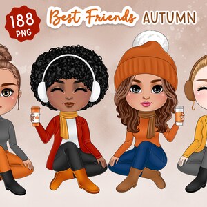 Herbst sitzende Mädchensammlung Chibi Clipart, Herbst-Beste Freunde Clipart, Besties Clipart, Seelenschwestern, Mode Herbst, Herbstkollektion
