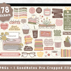 Book Lover Aesthetic Digital Stickers for GoodNotes, Pre Cropped PNGs, Cozy Coffee Widgets, Life Planner, Journal Sticky Notes, Café Vibes,