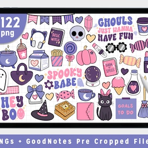 Cute Halloween Digital Stickers, Kawaii GoodNotes Planner (PNG)