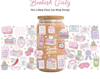 Bookish Girly 16oz Can Glass Wrap PNG, Coffee Cup Wrap, Cafe Latte Sublimation Design, Aesthetic Gift, Pink Lover, Book Reader,