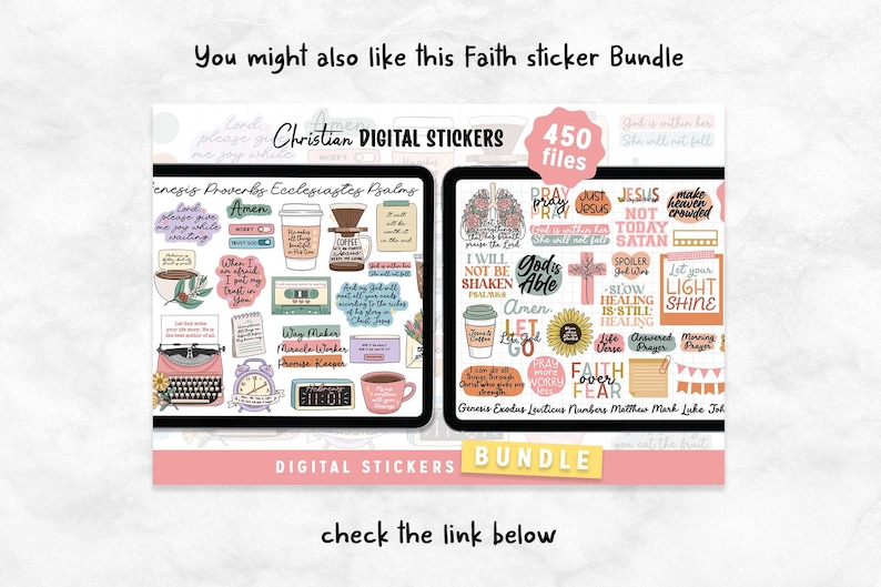 May include: A digital sticker bundle with 450 files featuring Christian themes. The stickers include Bible verses, inspirational quotes, and illustrations. The stickers are in a variety of colors and styles.