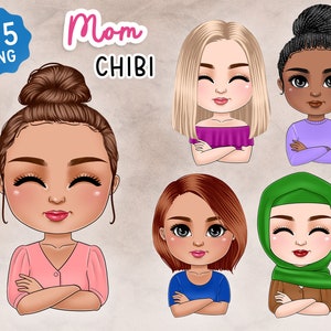Niedliche Chibi Mama Clipart, hübsches Mädchen Png, verschränkte Arme Mama Sublimation, beste Freunde Schwestern, besonderes Geschenk, Geburtstagskarte, personalisiertes Geschenk