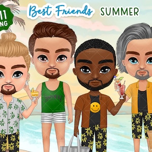Imágenes Prediseñadas de Chibi de mejores amigos / Verano / Personalizable / Hombres de moda lindos / Afroamericano / Cubierta del planificador / Hermanas del alma / Imágenes prediseñadas de playa