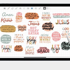 May include: A digital planner page with colorful stickers featuring inspirational quotes and bible verses. The stickers are on a grid background with a white stylus.