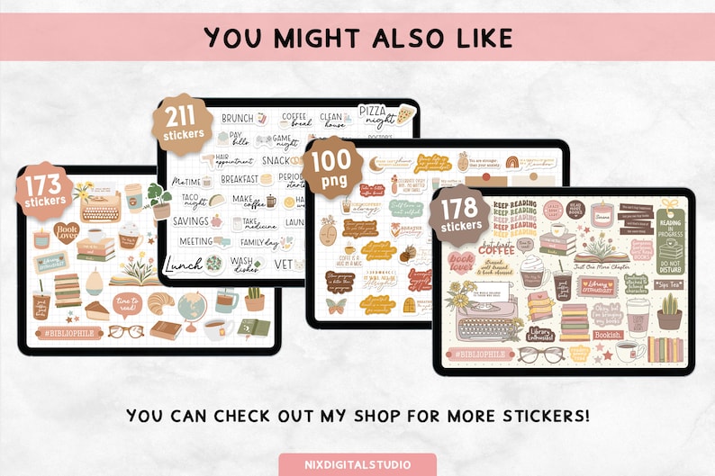 May include: Three digital screens displaying colorful sticker sets with various designs and text. The screens are labeled with the number of stickers and PNG files included in each set. The text on the screens includes phrases like "Book Lover", "Coffee", "Lunch", "Keep Reading", "Family Day", "Make Coffee", "Pizza Night", and "Time to Read".