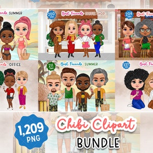 Paquete grande de imágenes prediseñadas de Chibi, PNG de verano, otoño e invierno, café en la oficina, imágenes prediseñadas de niños lindos, regalo para amigos, regalo personalizado. Personalizable.