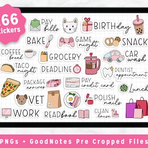 May include: A digital planner screen with 266 stickers featuring various illustrations and text. The stickers include images of a cat, a coffee cup, a taco, a pizza, a car, a dentist's tooth, a credit card, a nail polish bottle, a house, and more. The text on the stickers includes phrases like "pay bills", "coffee break", "taco night", "car wash", "dentist appointment", "polish nails", and "clean house".