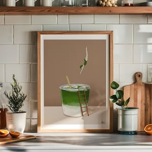 Arte digital imprimible de Diver Matcha, amante del café con leche, mañanas ceremoniales de matcha, arte mural, té verde, rincón estético de la cocina, póster de moda,