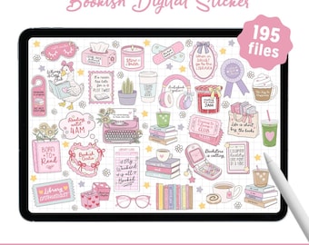 Bookish Digital Stickers for GoodNotes, Book Lover, Romance Reader, Bookmark Stickers, Booklist Sticky Notes, PNG, Junk Journal, Pink Girlie