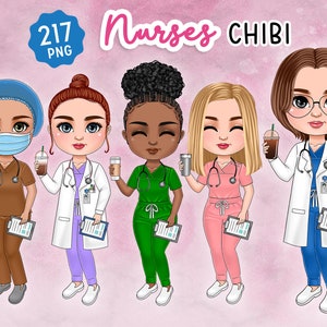 Clipart de enfermera chibi, clipart de muñeca médica, lindo PNG de atención médica, regalo personalizado para amiga enfermera, lindo médico, diseño de sublimación,