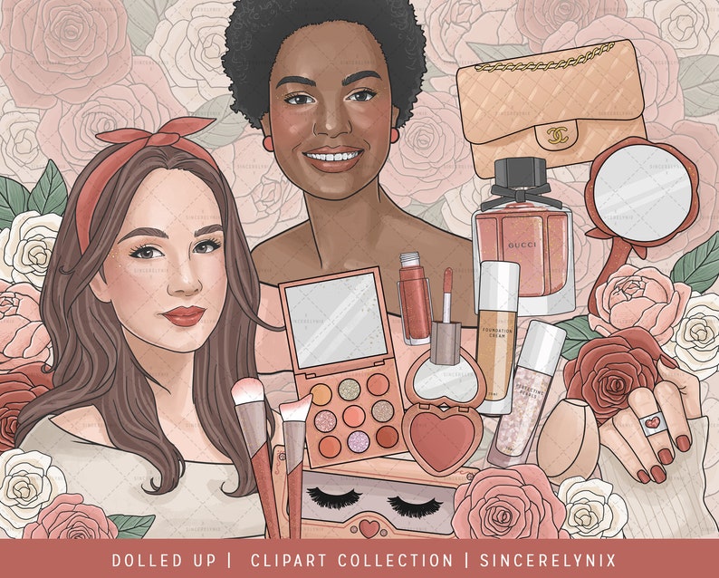 Dolled Up Make Up Fashion Clipart Planner Sticker Valentines African American Spring Rose