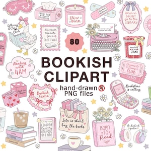 Op de afbeelding: Een verzameling handgetekende "Bookish Clipart" PNG-bestanden. De afbeelding bevat verschillende illustraties met boeken, waaronder een lezende gans, een typemachine, een stapel boeken en de tekst "Life is short buy the books". Het kleurenpalet is voornamelijk roze en wit.