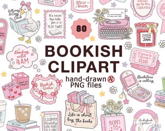 Book Lover Clipart Bundle, 80 Reading Sticker PNG files, Bookish Digital Download, Reading Quotes,