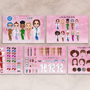 May include: A digital illustration set of 217 customisable nurse avatars. The set includes 10 pre-made nurse dolls, 10 hairstyles, 10 hair colours, 10 skin tones, 10 eye colours, 10 lips, 10 glasses, 10 scrubs, 10 trousers, 10 shoes, 10 hats, 10 masks, 10 lab coats, 10 stethoscopes, 10 coffee cups, 10 medical charts, and 10 syringes.