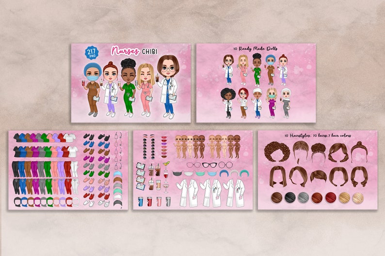 May include: A digital illustration set of 217 customisable nurse avatars. The set includes 10 pre-made nurse dolls, 10 hairstyles, 10 hair colours, 10 skin tones, 10 eye colours, 10 lips, 10 glasses, 10 scrubs, 10 trousers, 10 shoes, 10 hats, 10 masks, 10 lab coats, 10 stethoscopes, 10 coffee cups, 10 medical charts, and 10 syringes.