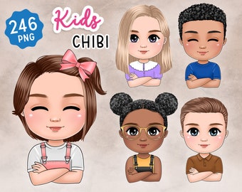 Cute Chibi Children Clipart, 246 PNG Images (Digital Download)