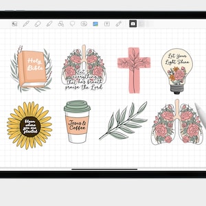 May include: Digital illustration stickers featuring various religious and inspirational quotes. The stickers include a Bible, a sunflower, a coffee cup, a cross, a lightbulb, and two lungs with flowers. The text on the stickers includes "Holy Bible", "Let everything that has breath praise the Lord", "Let Your Light Shine", "Bloom where you are planted", "Jesus & Coffee".