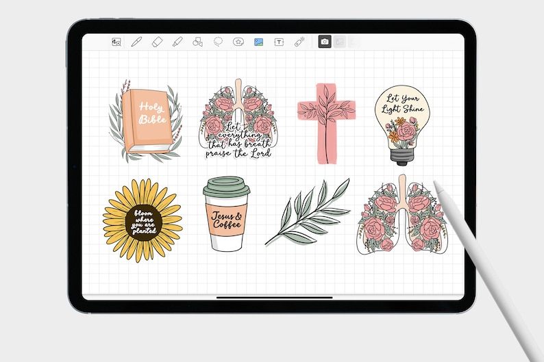 May include: Digital illustration stickers featuring various religious and inspirational quotes. The stickers include a Bible, a sunflower, a coffee cup, a cross, a lightbulb, and two lungs with flowers. The text on the stickers includes "Holy Bible", "Let everything that has breath praise the Lord", "Let Your Light Shine", "Bloom where you are planted", "Jesus & Coffee".