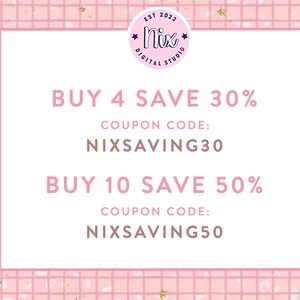 May include: Pink and white graphic with gold glitter accents. Text reads "BUY 4 SAVE 30% COUPON CODE: NIXSAVING30 BUY 10 SAVE 50% COUPON CODE: NIXSAVING50"