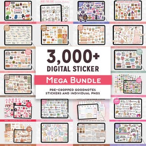 Puede incluir: Un mega paquete de pegatinas digitales con más de 3.000 pegatinas, incluyendo pegatinas GoodNotes precortadas y PNG individuales. La imagen muestra varios conjuntos de pegatinas con temas como verano, Halloween y vida diaria, en tabletas.