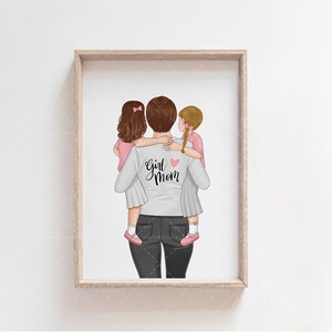 May include: A white t-shirt with the text "Girl Mom" and a pink heart. A woman is wearing the shirt and holding two girls on her back.