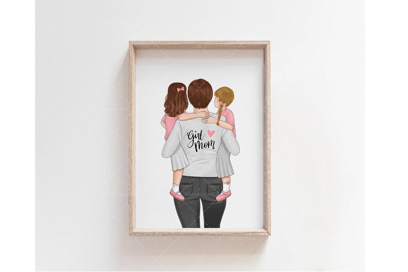 May include: A white t-shirt with the text "Girl Mom" and a pink heart. A woman is wearing the shirt and holding two girls on her back.